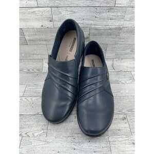Clarks Collection Adriel Viola Navy Leather Slip On Wedge Shoes Women Size 8W